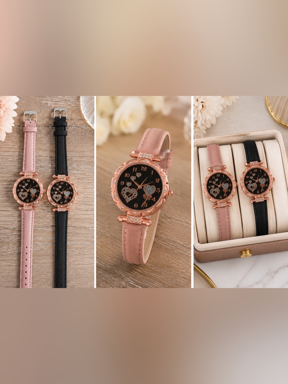 2pcs Women's Green Leather Strap Crystal Accent Watch - Gold Case